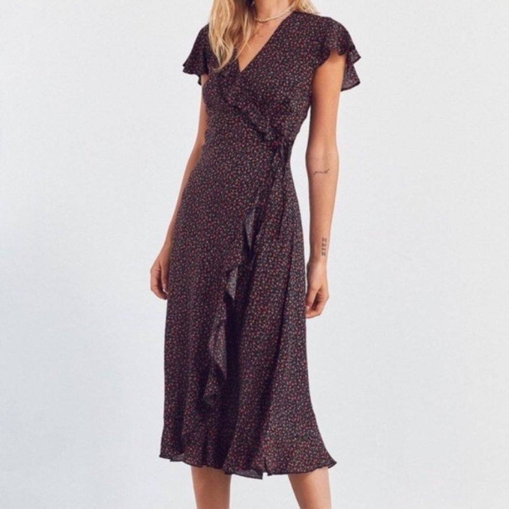 SOLD - Kimchi Blue Black Rose Wrap Dress w/ Ruffle Sleeve - Picture 1 of 6